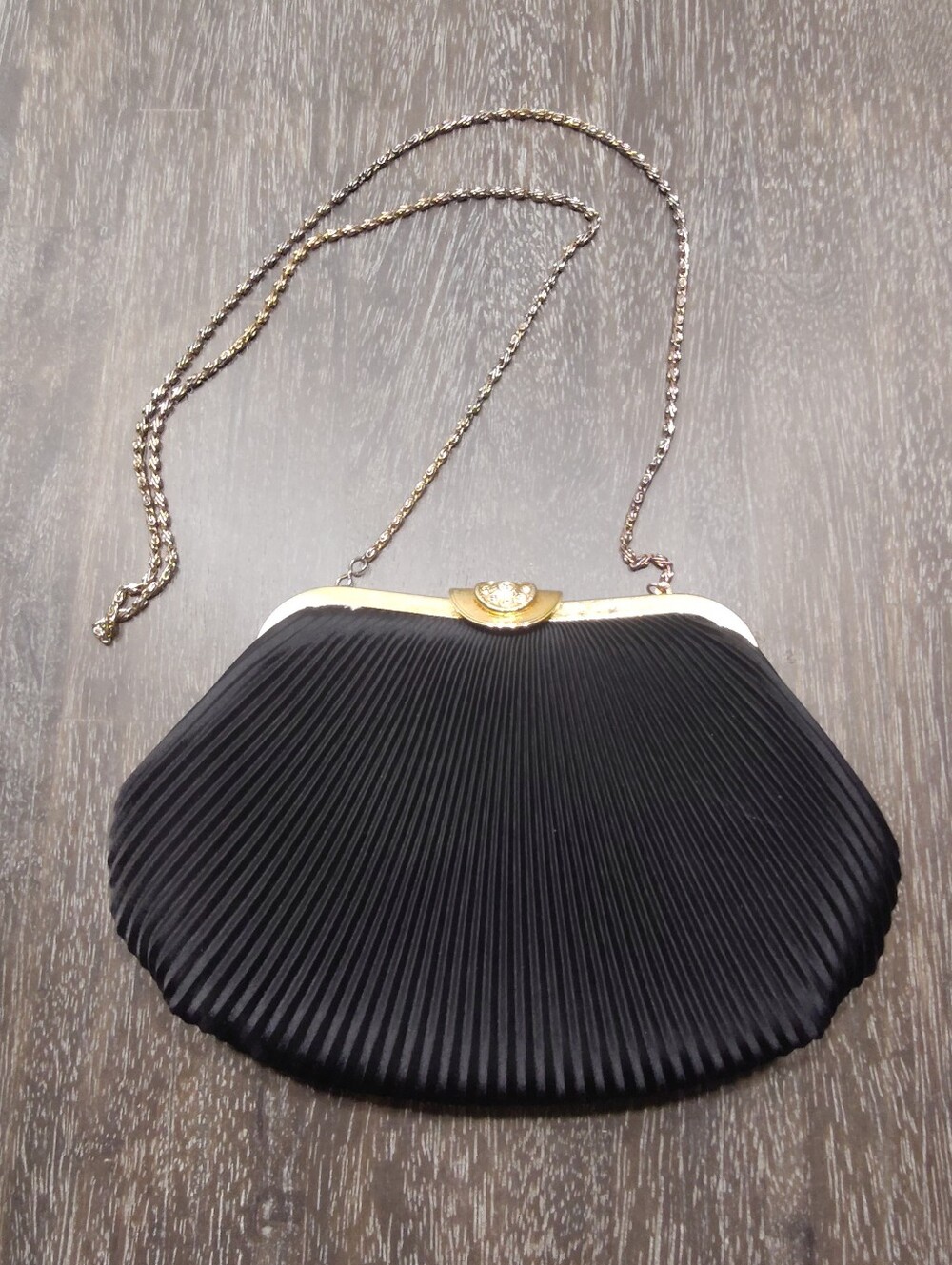 Vintage La Regale Black Satin Pleated Evening Purse Clutch Optional Chain